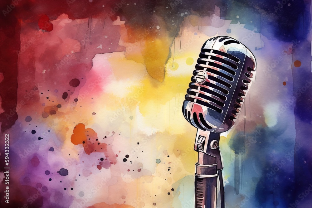  an old fashioned microphone painted in watercolor on a colorful background with spots of paint and 