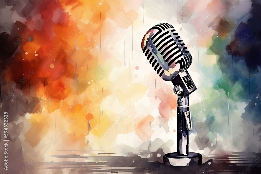  a black and white striped microphone on a stand with a multicolored background and a splash of wate