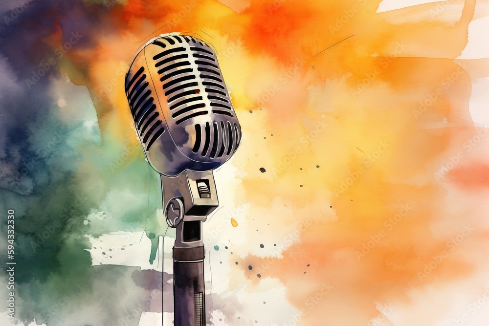  an old fashioned microphone on a stand with watercolor paint splatters in the background and a spla