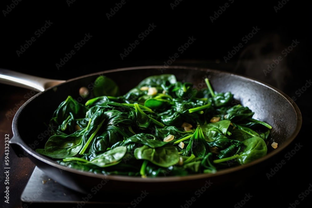  a pan filled with spinach on top of a stove top oven next to a spatula with a spoon in it and a bla