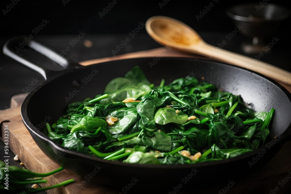  a pan filled with spinach on top of a wooden cutting board next to a wooden spoon and a wooden spoo