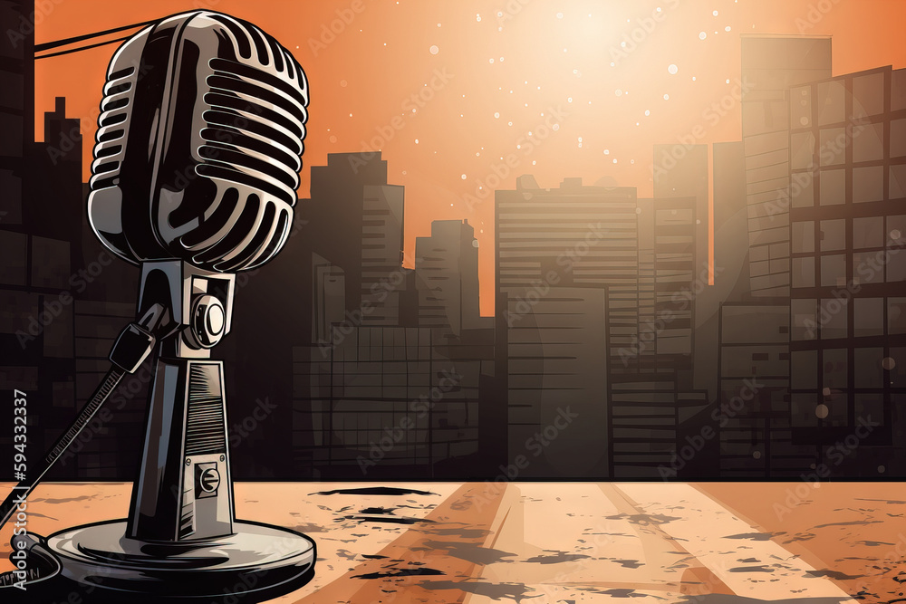  a microphone on a stand in front of a cityscape with a sun setting in the background and a cityscap