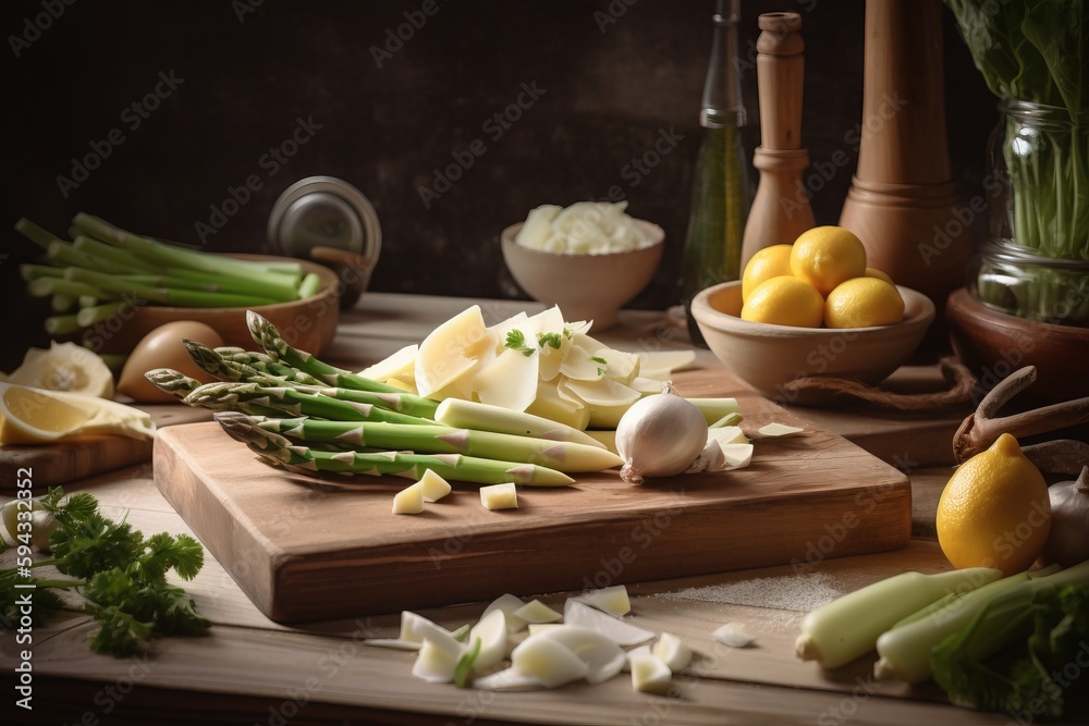  a cutting board with asparagus, lemons, onions, and other vegetables on it next to a bowl of garlic