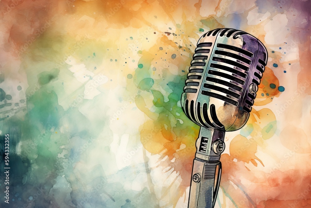  an old fashioned microphone on a colorful background with a splash of watercolor paint on the wall 