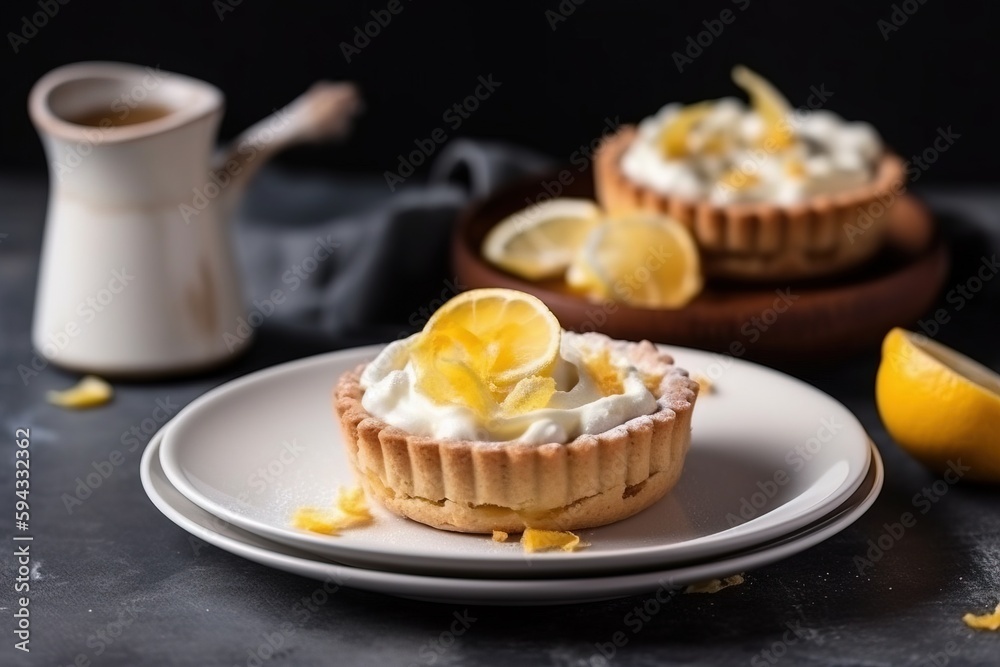  two lemon tarts on a plate with a cup of tea and a pitcher of tea in the background on a black tabl