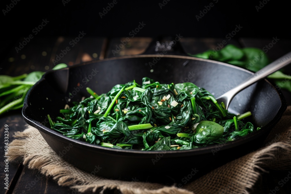  a pan filled with spinach and other vegetables on top of a wooden table next to a cloth and a spoon