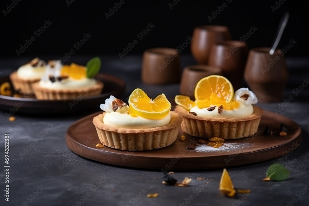  a couple of orange cupcakes sitting on top of a wooden plate next to a cup of coffee and a teapot o