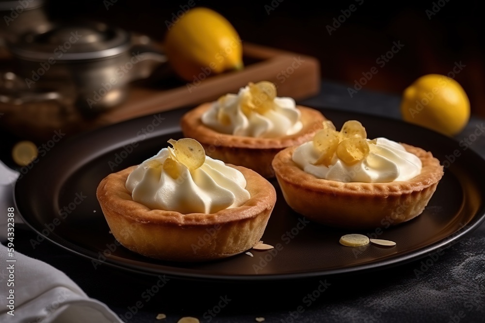  three lemon tarts on a black plate with lemons in the background and a teapot in the background wit