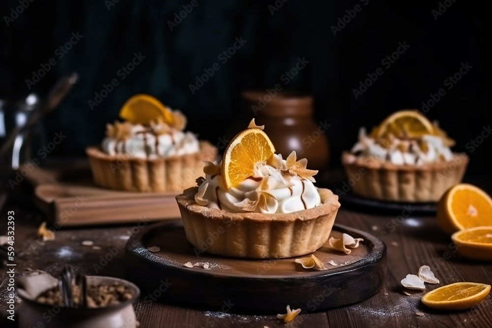  a couple of oranges that are on a table with some kind of pie on its side and some orange slices o