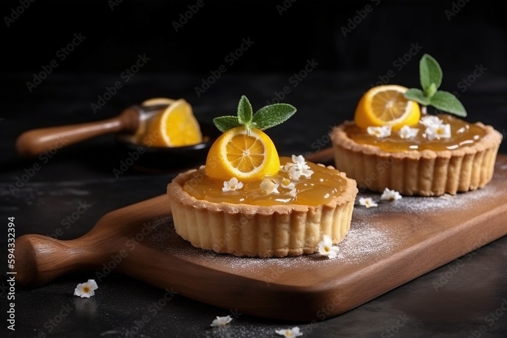  two small tarts with lemons on top of a wooden cutting board with a scoop of salt on the side of th