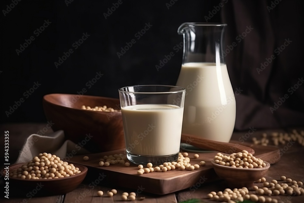  a glass of milk next to a bottle of milk and a bowl of chickpeas on a wooden table with a cloth on 