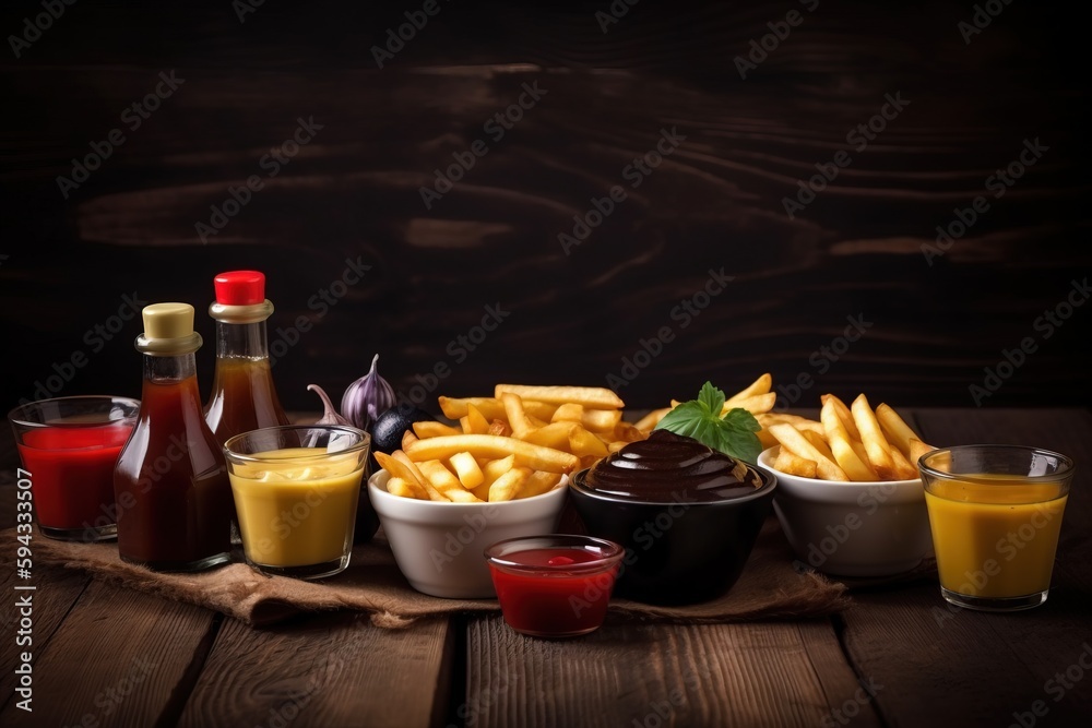  a table topped with different types of food and condiments on top of a wooden table next to a bottl