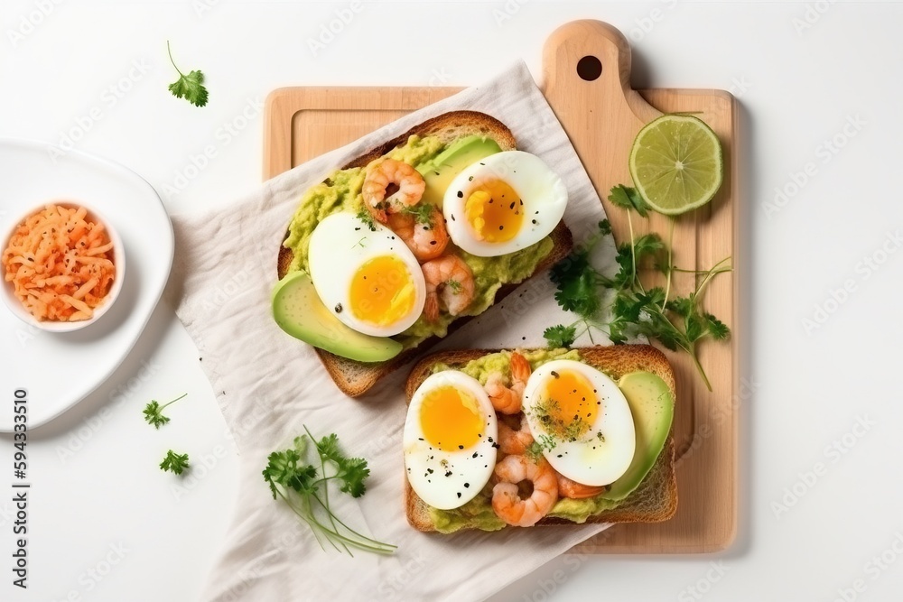  two halves of bread with eggs and shrimp on them on a cutting board next to a bowl of shredded carr