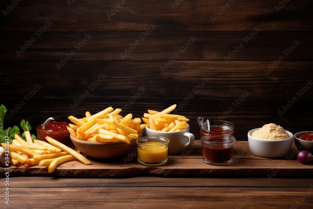  a wooden table topped with lots of different types of fries and condiments next to a bowl of mustar