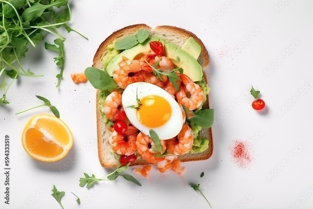  a sandwich with eggs, tomatoes, avocado, and lettuce on a white surface next to a slice of orange a