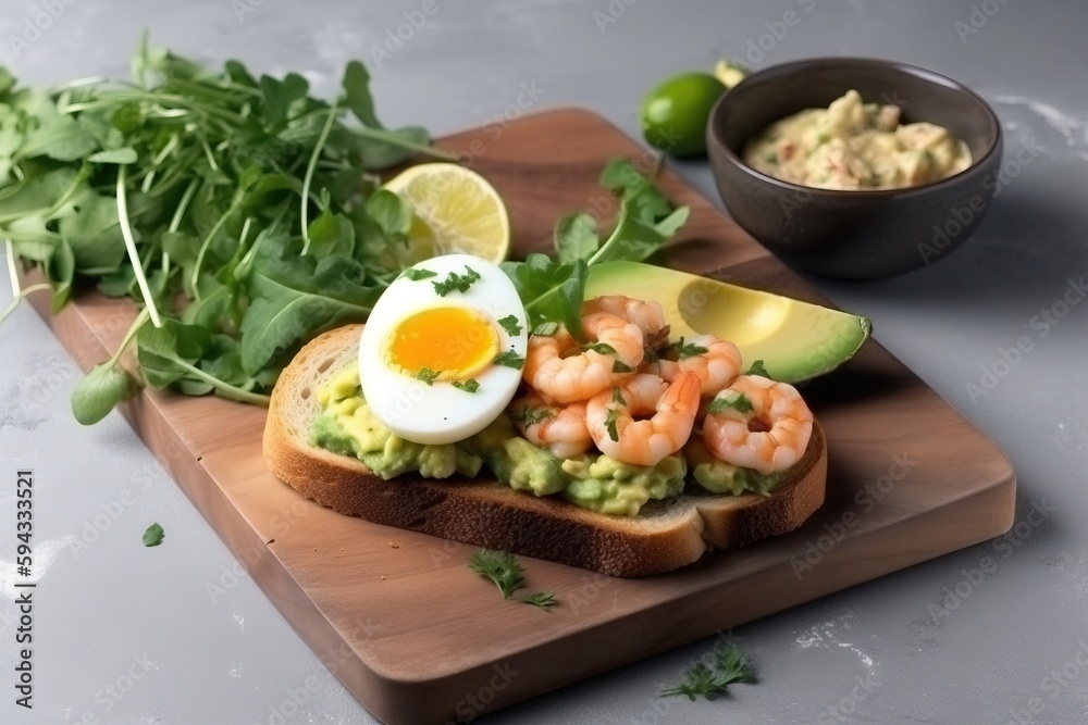  a sandwich with avocado, shrimp, and a boiled egg on a wooden cutting board with a bowl of salad in