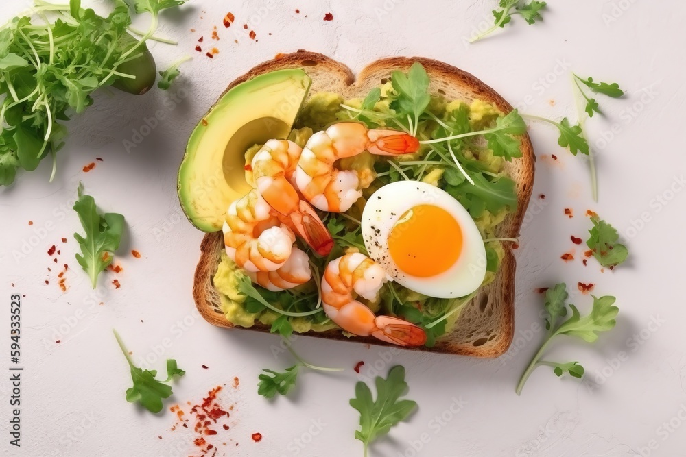  a sandwich with shrimp, avocado, and an egg on top of it with lettuce and tomato on top of it.  gen