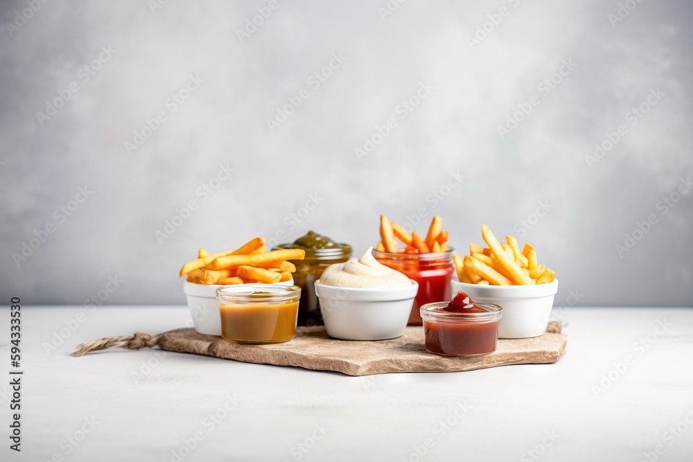  french fries, dips, and sauces on a wooden tray on a white tablecloth with a gray background and a 