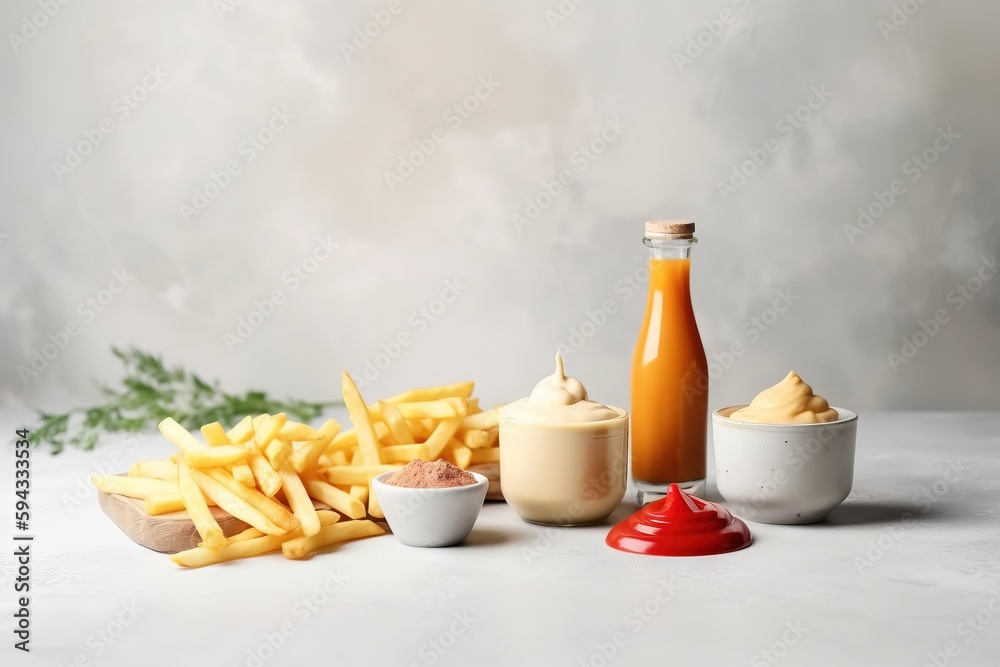  french fries, ketchup, mustard, and mayonnaise on a white tablecloth with a gray background and a b