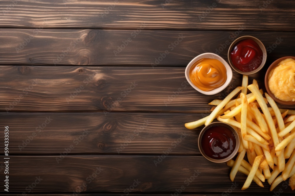  french fries with ketchup, mustard and ketchup on a wooden table top view from above with copy spac