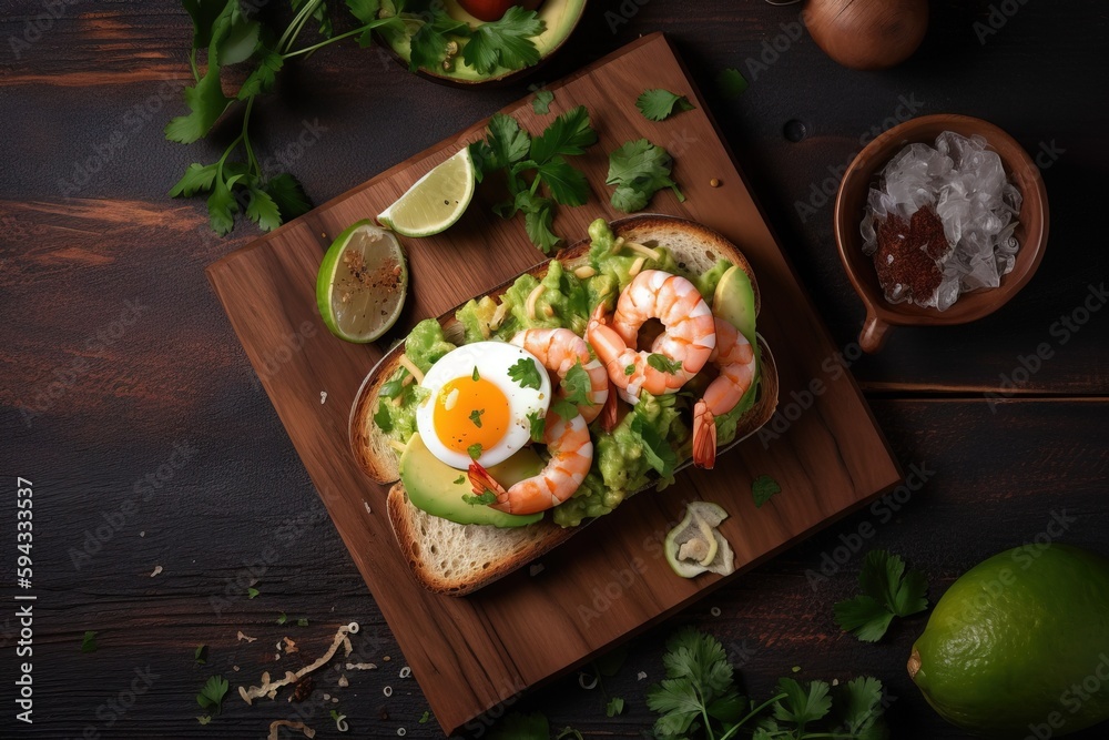  a wooden cutting board topped with a sandwich covered in guacamole and topped with an egg and shrim