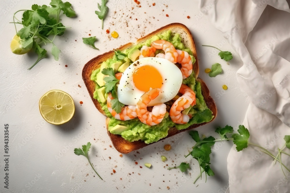  a toast with shrimp, avocado, and an egg on it next to a lemon slice and garnish on a white surface