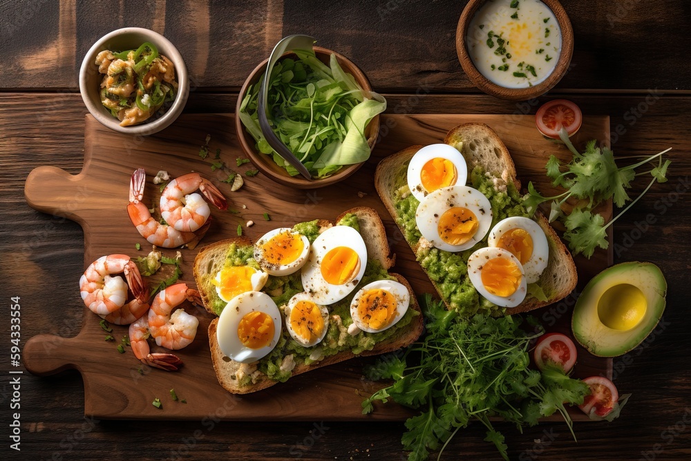  a wooden cutting board topped with a sandwich covered in eggs and shrimp next to a bowl of salad an