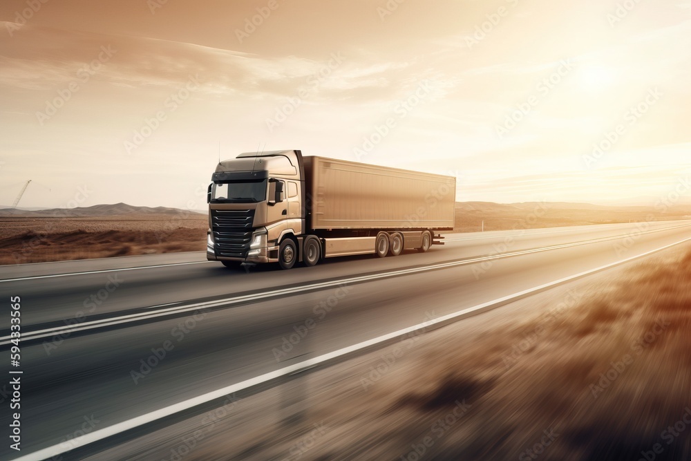  a semi truck driving down a highway in the desert with a windmill in the background at sunset or su