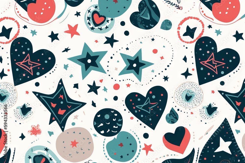  a pattern of hearts and stars on a white background with stars and circles in the middle of the ima