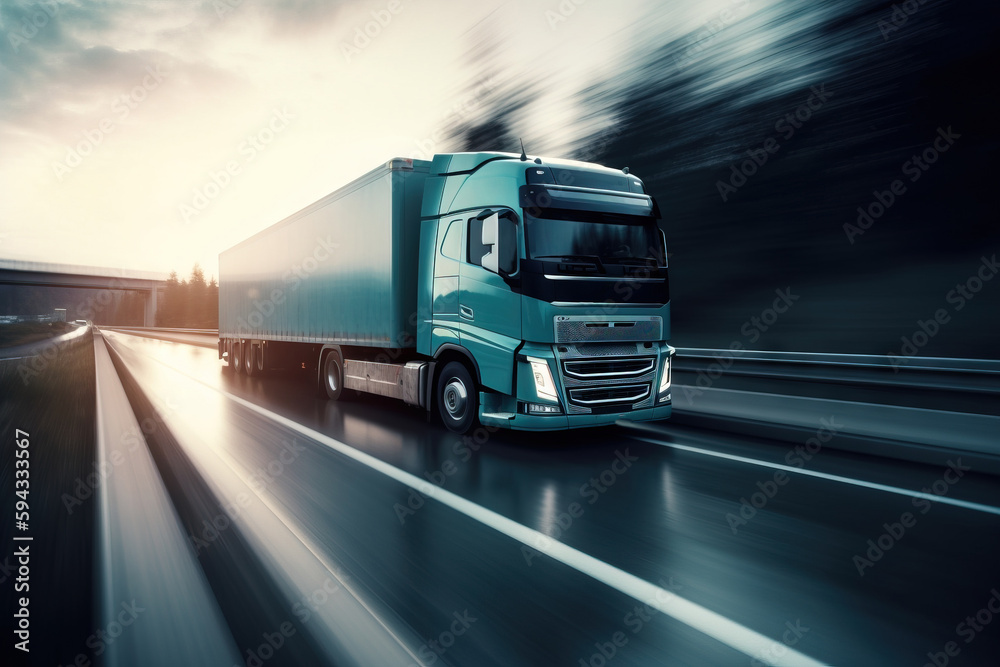  a blue semi truck driving down a highway at sunset or dawn with a blurry background of trees and a 