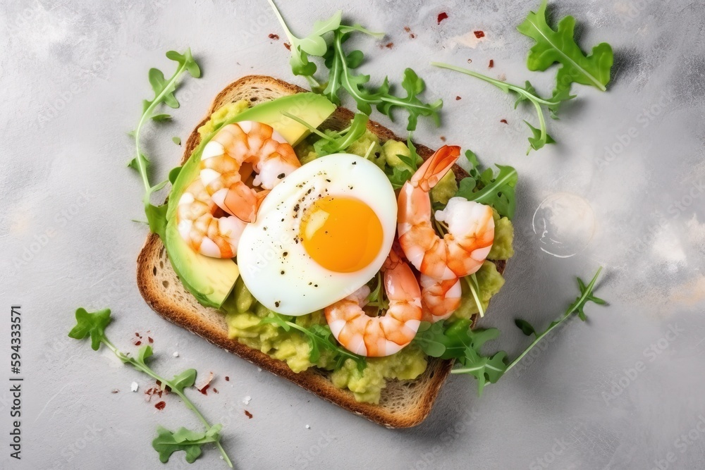  a sandwich with shrimp, avocado, and an egg on top of it with lettuce on a gray surface with a spri