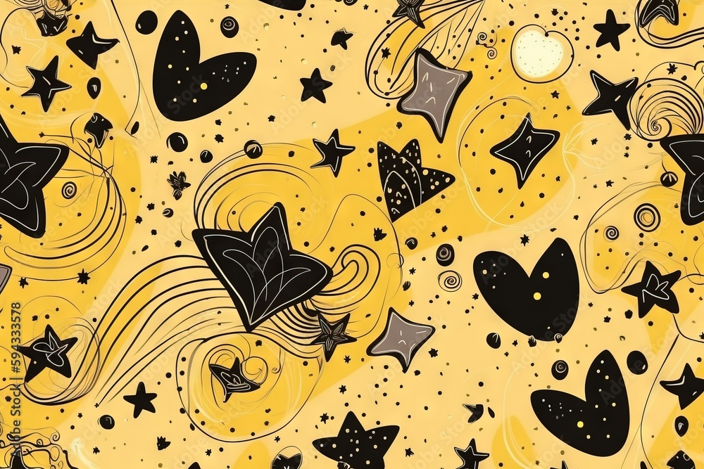  a yellow background with black stars and swirls and circles and stars in the sky, and a black and w