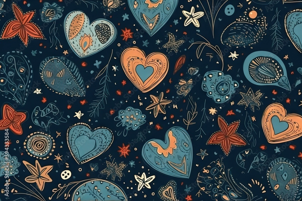  a pattern of hearts and stars on a blue background with stars and stars in the sky and stars in the