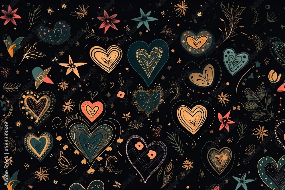  a bunch of hearts that are on a black background with stars and flowers in the middle of the image 