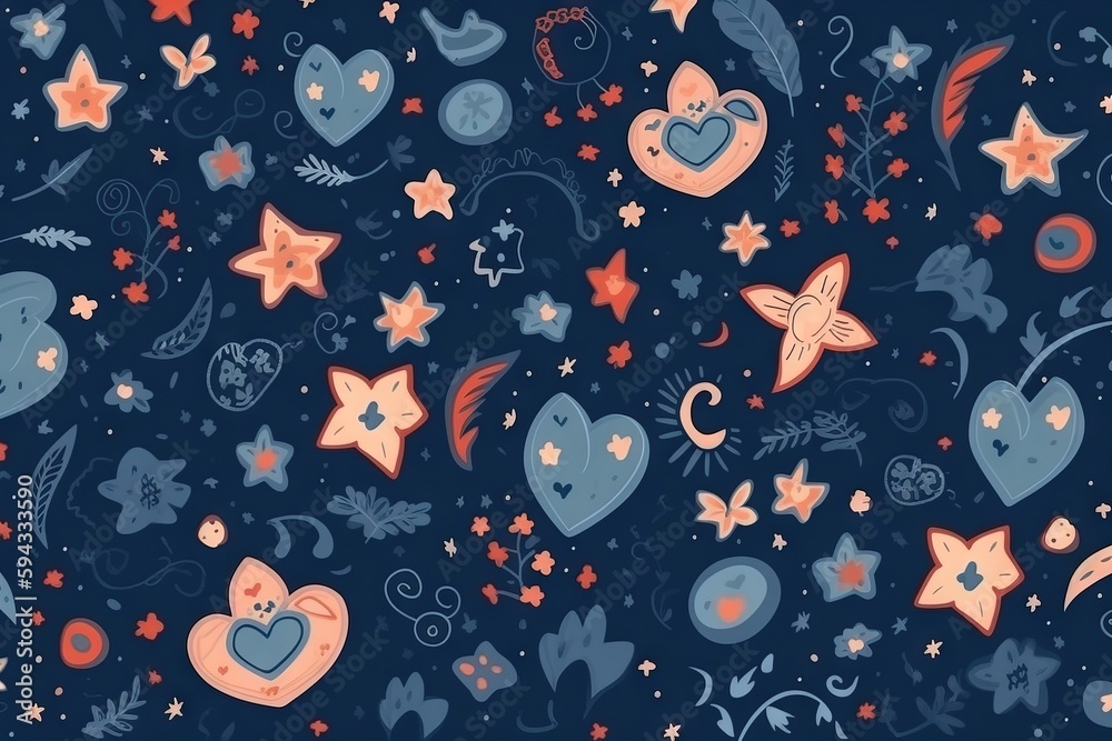  a pattern of hearts and stars on a dark blue background with stars and swirls on the left side of t