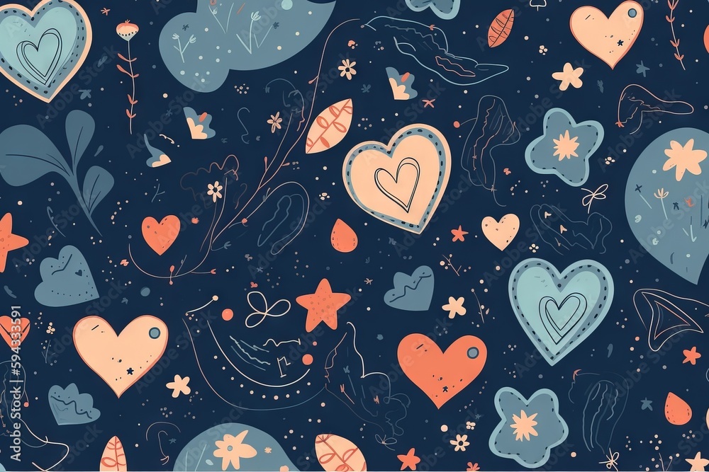  a pattern of hearts and stars on a dark blue background with stars and hearts in the middle of the 