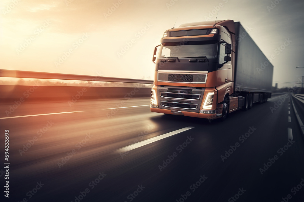  a semi truck driving down a highway with a sunset in the background of the truck and the sun shinin