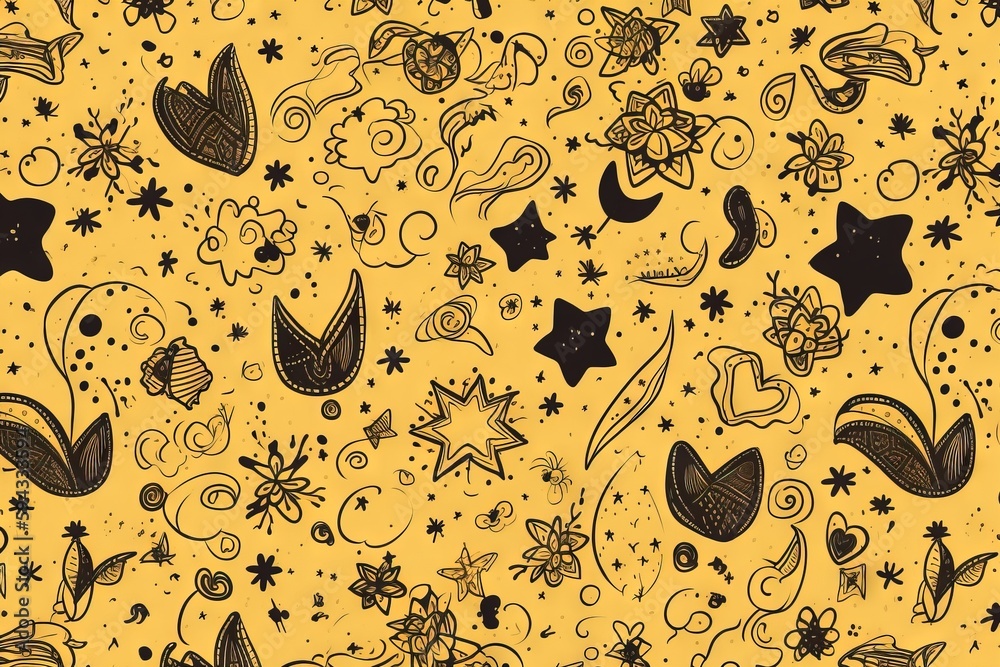  a yellow and black pattern with stars, swirls, and swirls on a yellow background with black stars a