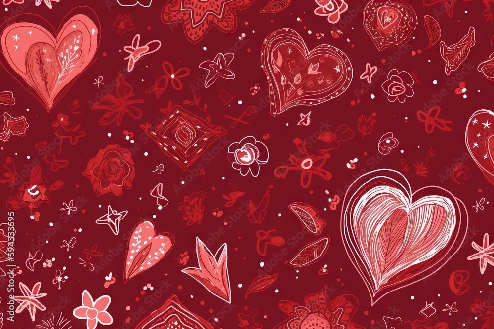  a pattern of hearts and flowers on a red background with stars and hearts on the left side of the i