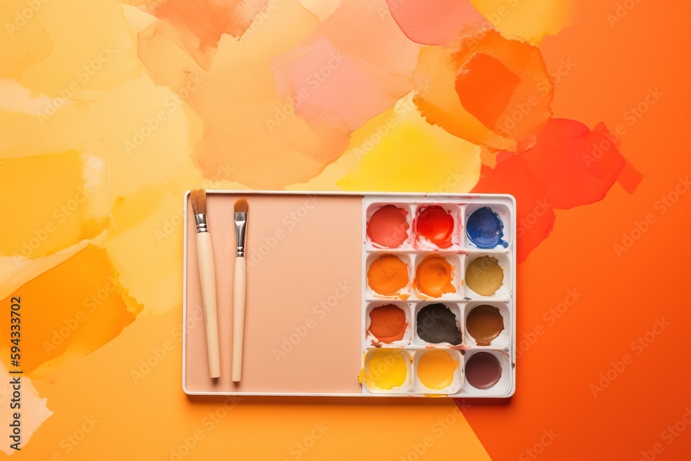  a palette of paint and a brush on an orange background with a splash of paint on the left side of t