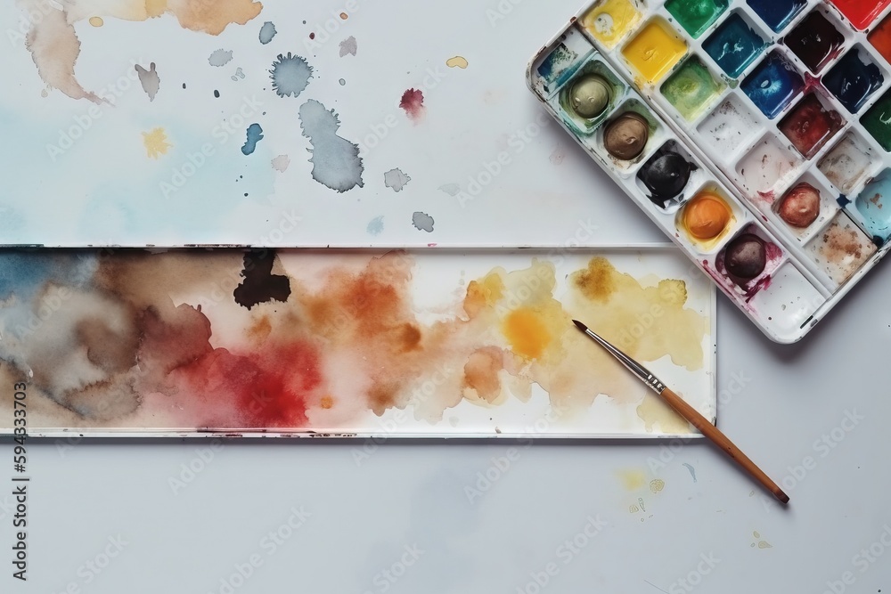  a palette of watercolors and a paintbrush on a white table with a watercolor palette and watercolor