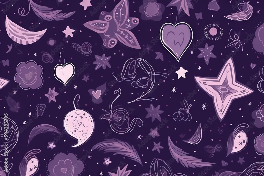  a purple background with hearts, stars, and other things in the sky with stars and moon shapes on t