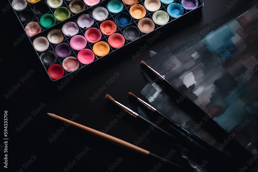  a box of watercolors and a brush on a black table with a black background and a box of watercolors 