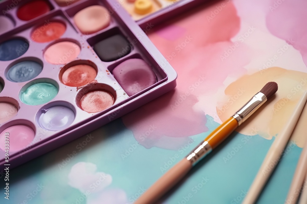  a close up of a paintbrush and a palette of paint on a table with other paint colors and brushes on