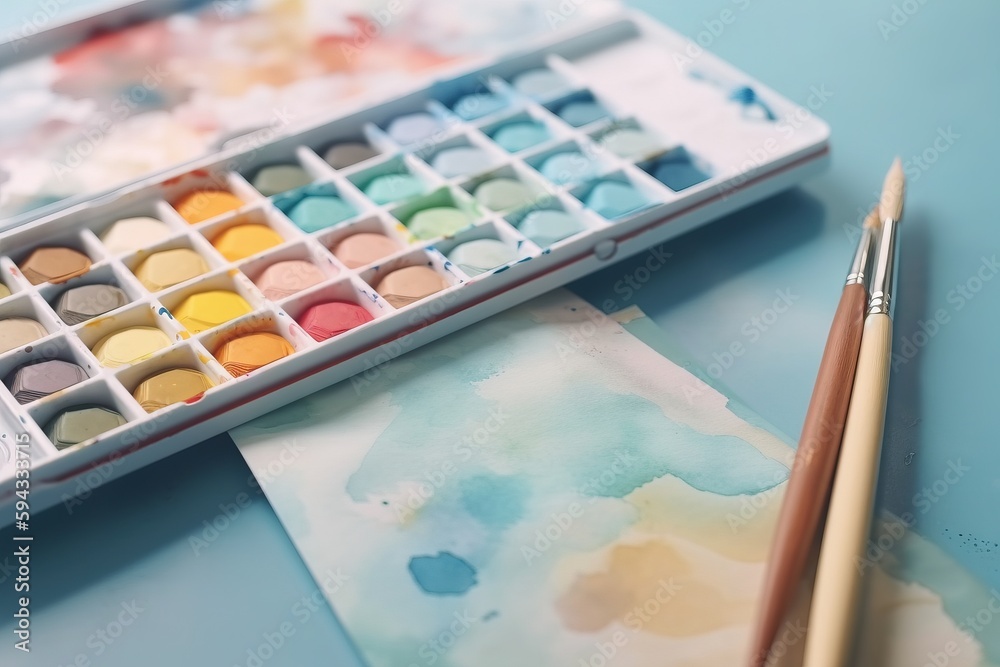  a box of watercolors and a brush on a blue table with a watercolor palette and a watercolor paper w