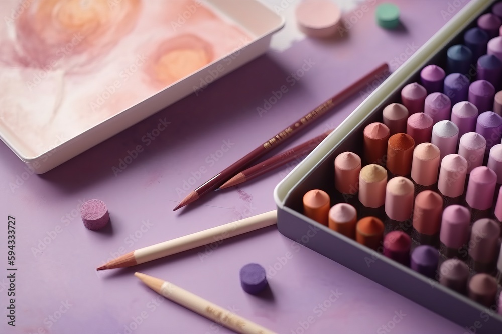  a box of crayons next to a box of pastel pencils and a box of crayons on a purple surface.  generat