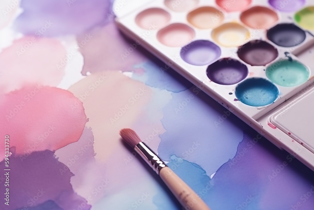  a palette of watercolors and a brush on a colorful tablecloth with watercolors on it and a watercol