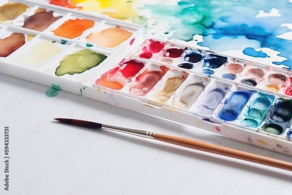  a watercolor palette with a brush and watercolors in it on a white surface with a white background 