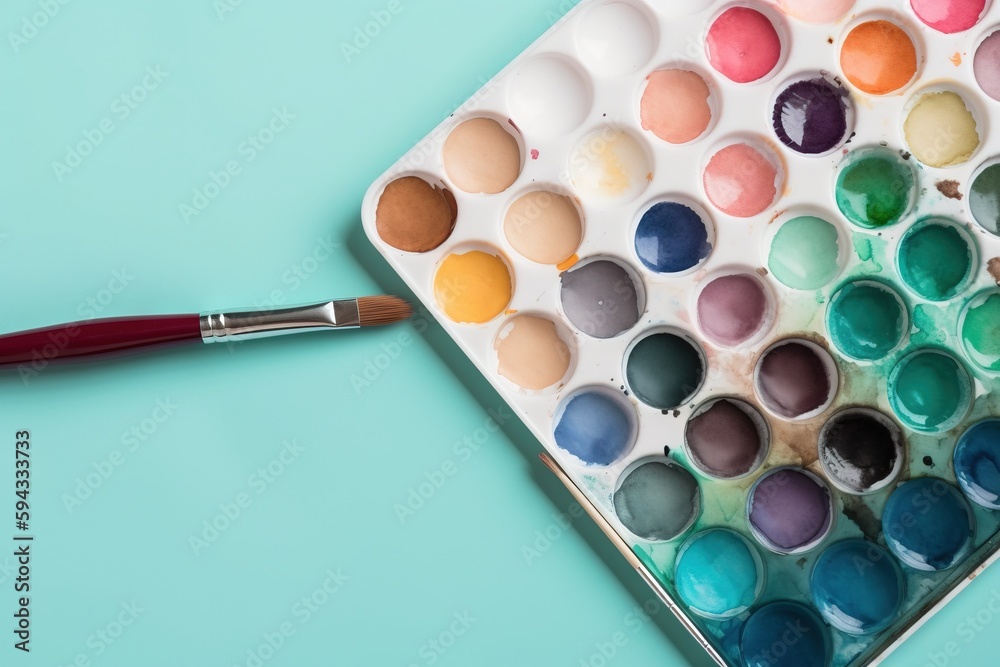  a palette of paint and a brush on a blue background with copy space for text or image or image, wit