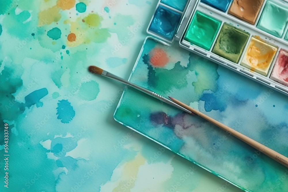  a palette of watercolors and a brush on a table with watercolors on it and a watercolor paper with 